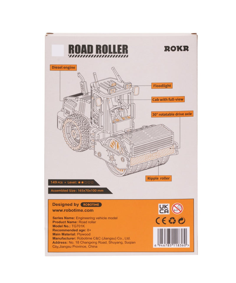 Rokr Road Roller Wooden Model Kit TG701K box back