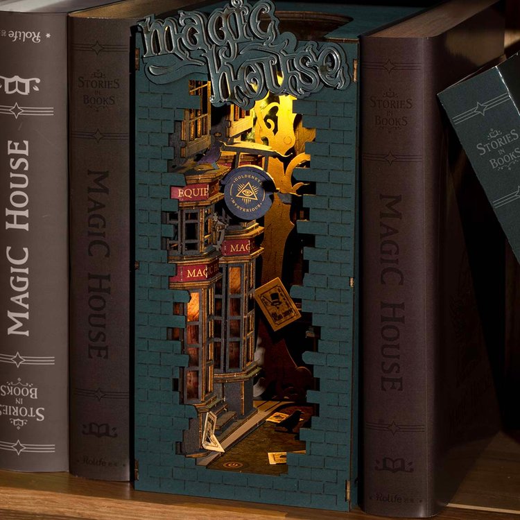 Rolife Magic House DIY House Book Nook Model kit on bookshelf