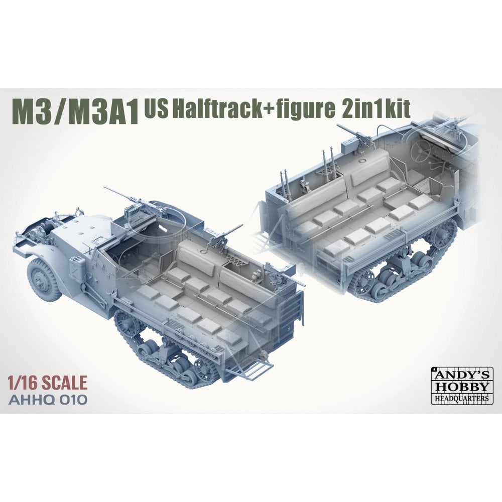 Model kit of M3/M3A1 US Halftrack with figure on a white background, featuring Andy's Hobby Headquarters branding.
