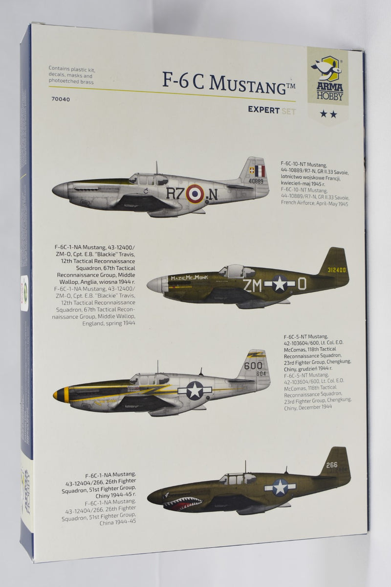 Arma Hobby F-6C Mustang Reconnaissance Aircraft 1/72 scale expert set model kit 70040 markings
