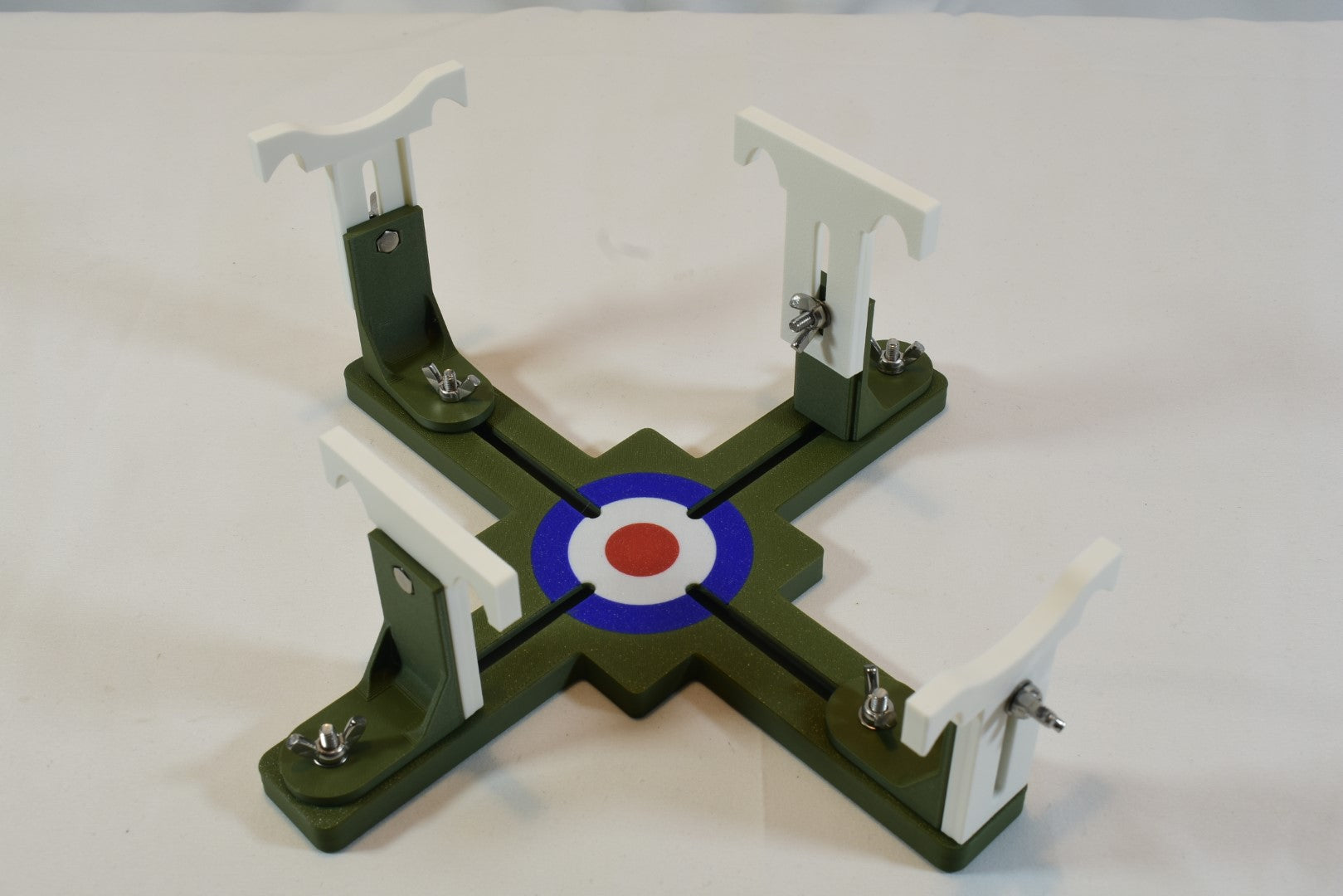 Bowfell Model Aircraft Jig paint stand green with white supports and roundel 