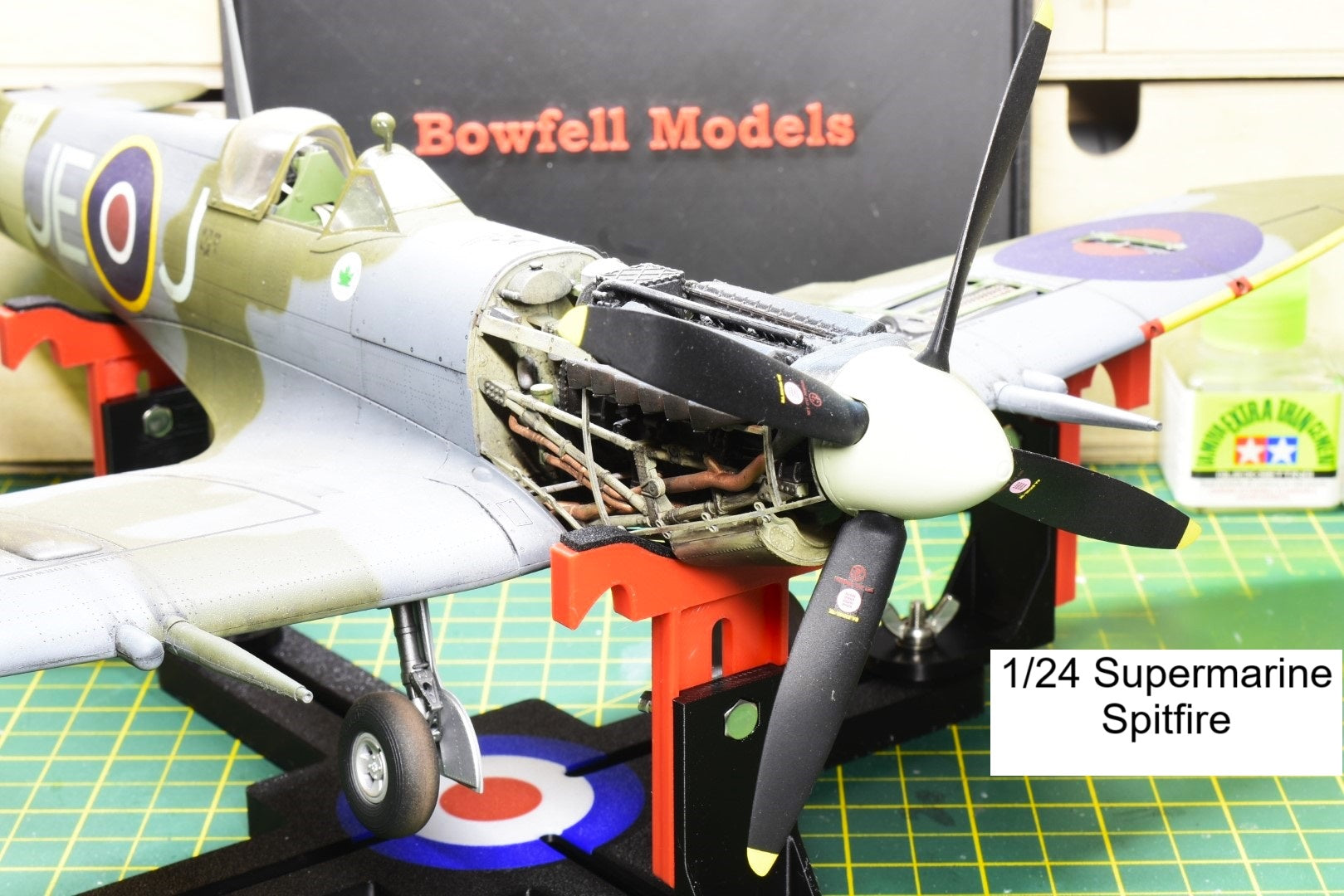 Bowfell Model Aircraft Jig paint stand black with 1/24 scale spitfire