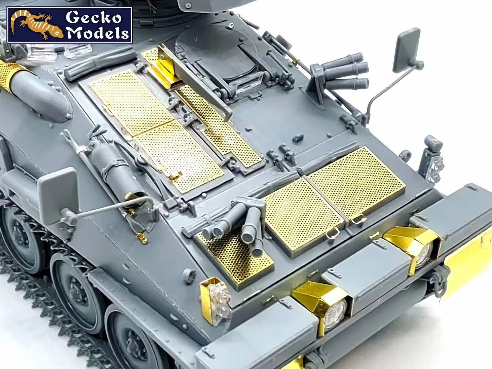 Model tank with detailed components on a white background, featuring Gecko Models branding.