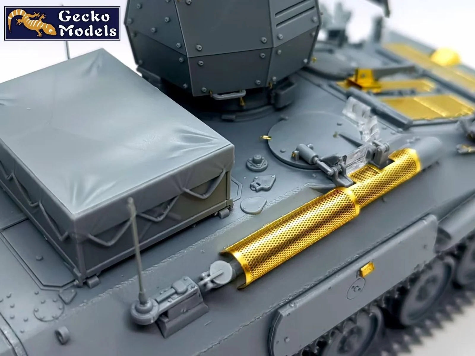 Model tank with detailed components and Gecko Models branding.