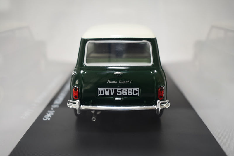 Austin Mini Cooper S 1965 1:24 scale diecast model on stand with display case rear