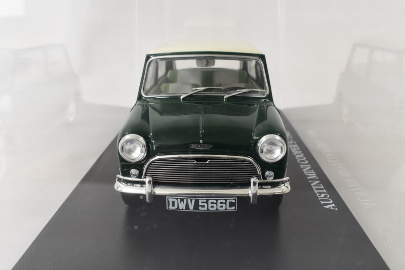Austin Mini Cooper S 1965 1:24 scale diecast model on stand with display case front