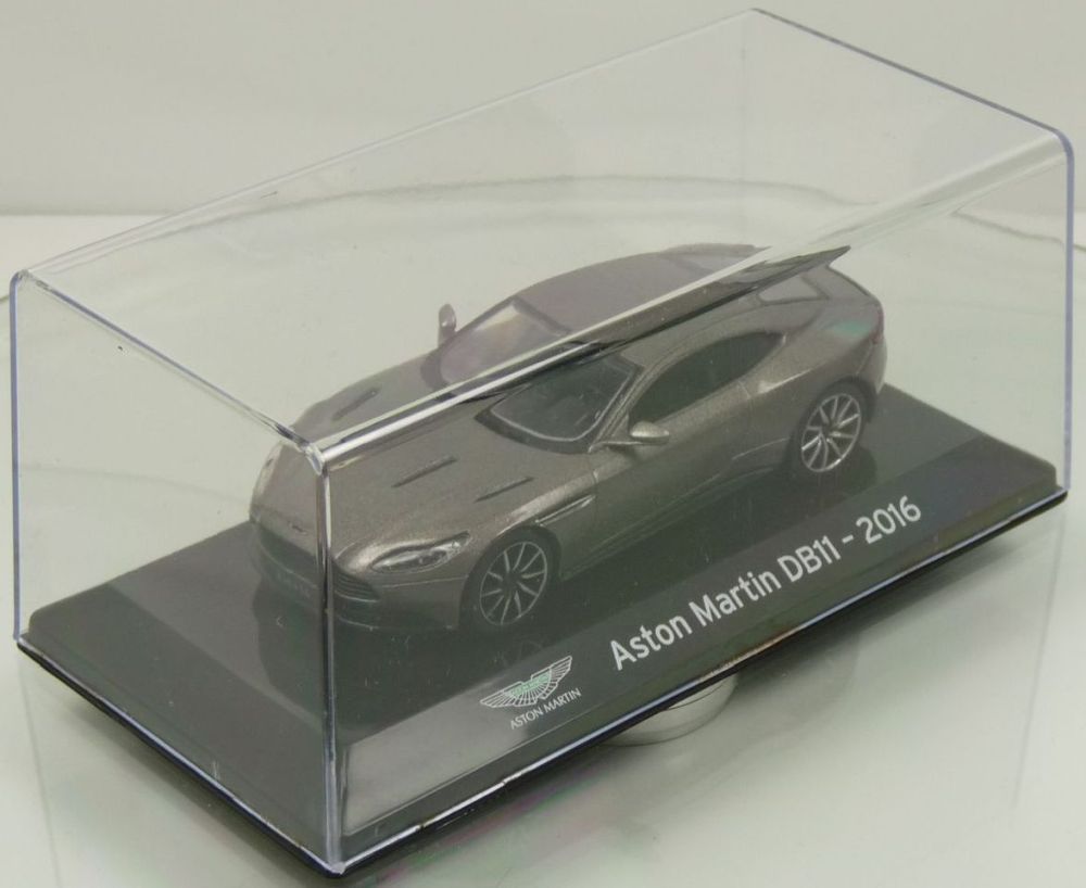 Aston Martin DB11 2016 1:43 scale diecast model on display stand with case