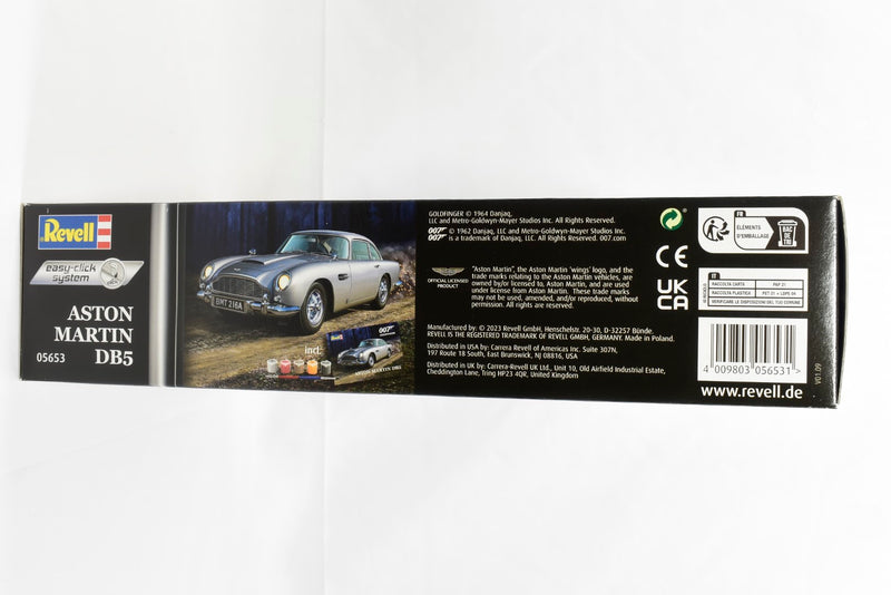 Revell James Bond 007 Goldfinger Aston Martin DB5 1/24 scale easy click plastic model kit box back