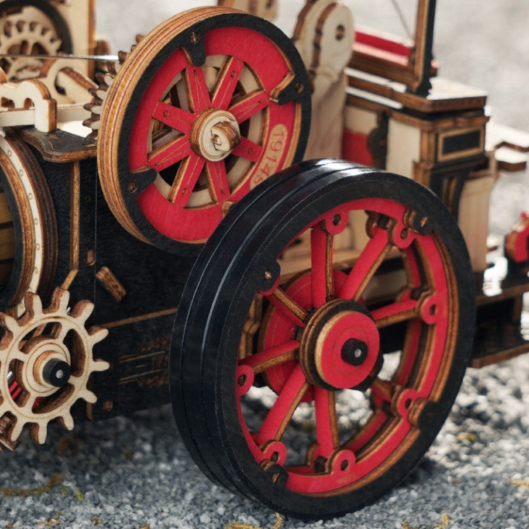 Rokr Steam Engine Wooden Model Kit built rear wheel