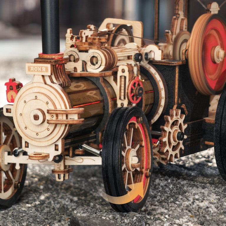 Rokr Steam Engine Wooden Model Kit built turning wheel