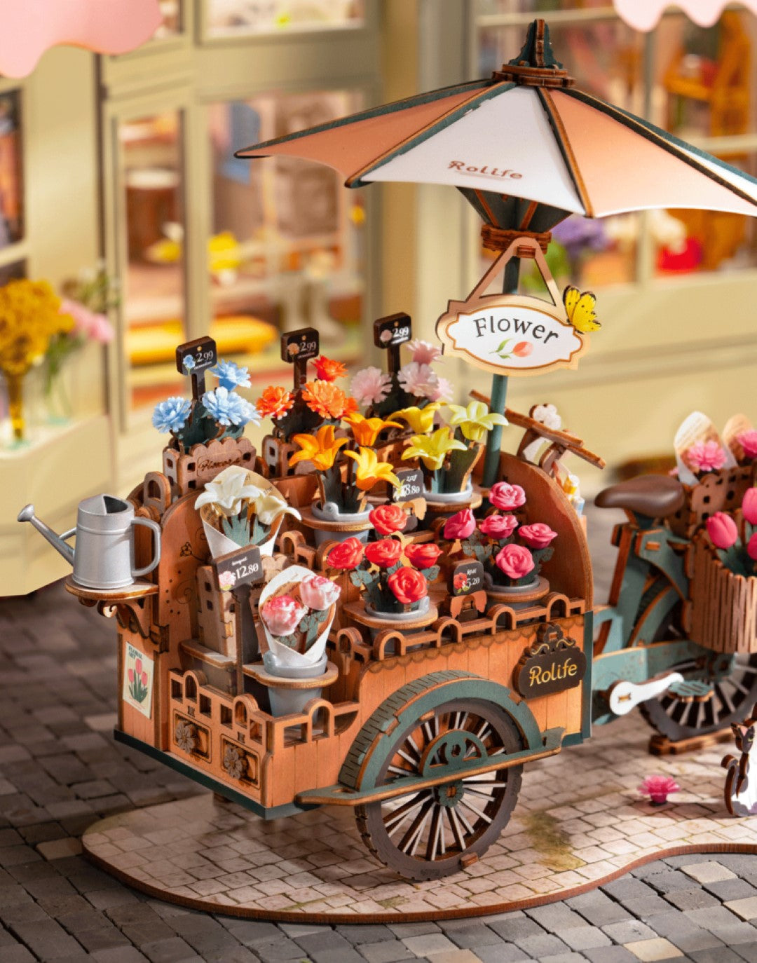 Rolife blossom cart wooden model kit close up of flowers