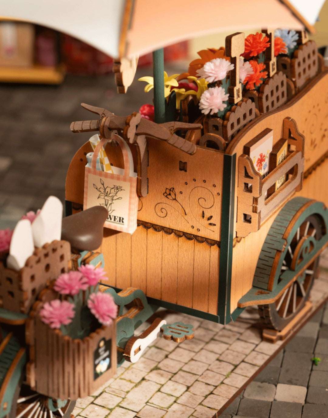 Rolife blossom cart wooden model kit close up