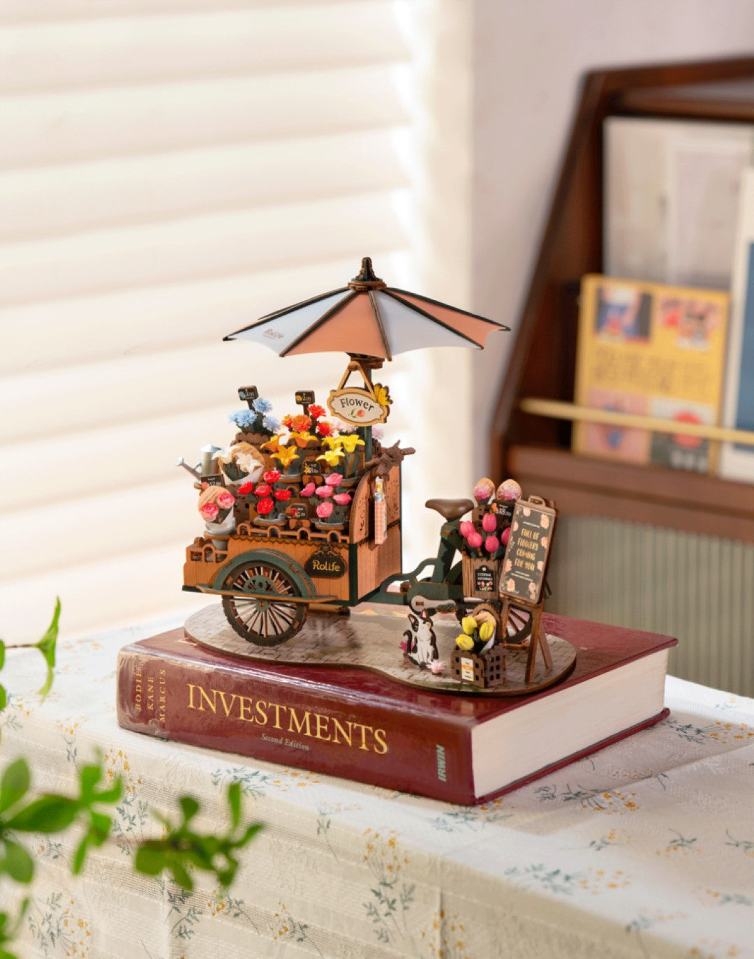 Rolife blossom cart wooden model kit on shelf