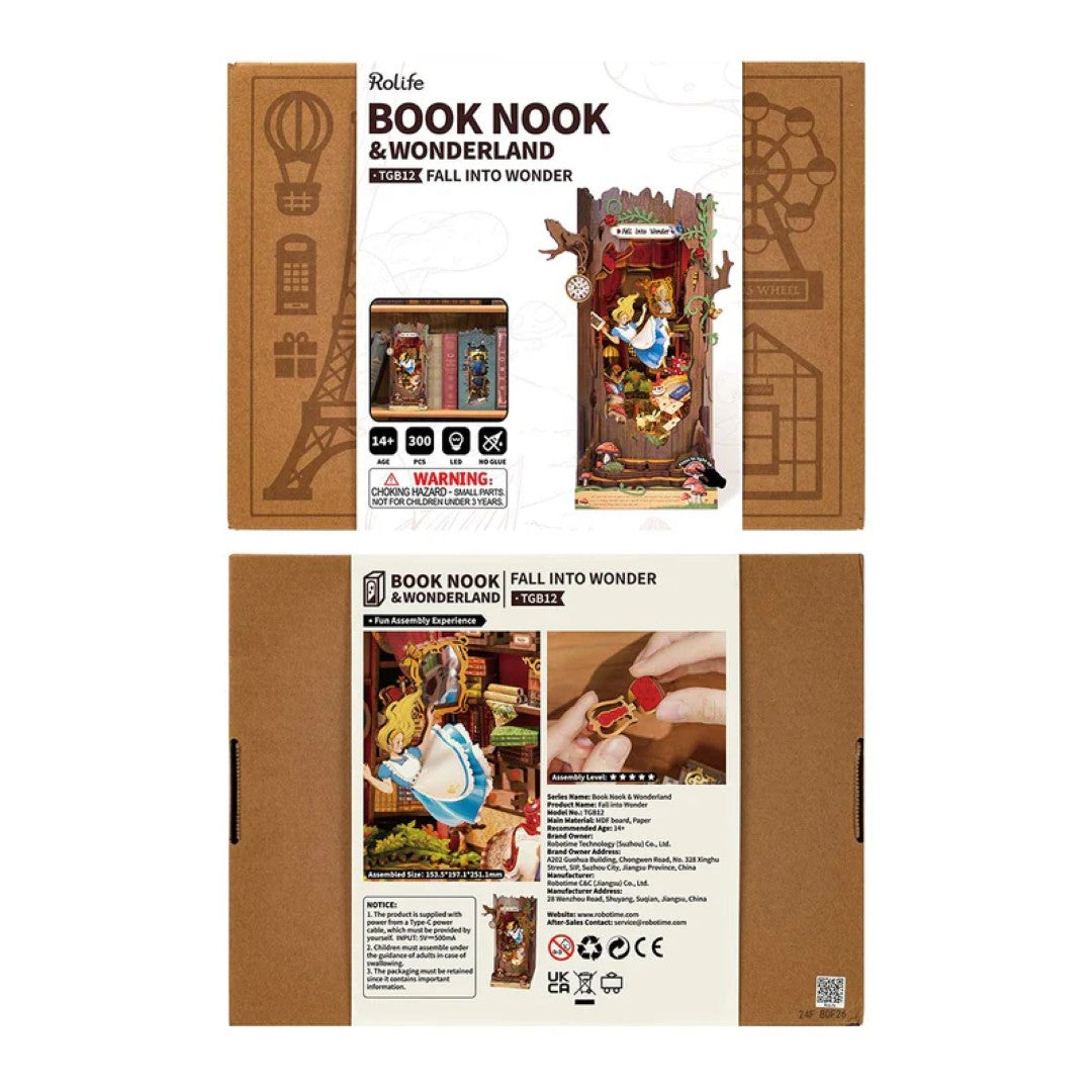 Product packaging for 'Book Nook & Wonderland' with illustrations of books and characters.