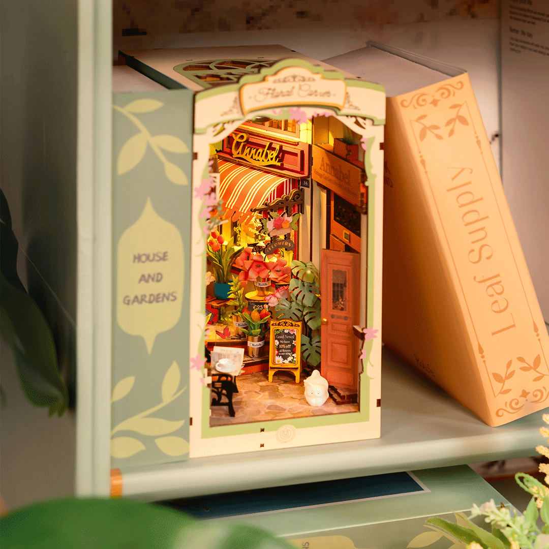 Rolife Floral Corner Book Nook model kit TGB09 on bookshelf