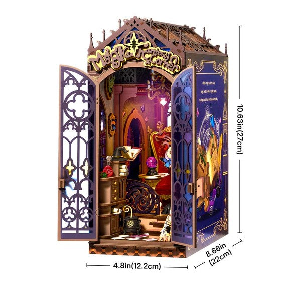 magic fantasy corner book nook with open doors, intricate design, and measurements on a white background