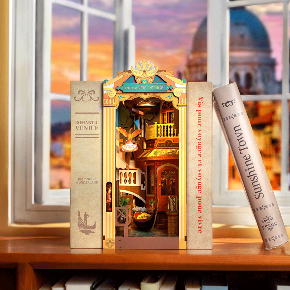 Rolife Romantic Venice Book Nook model kit TGB08 on bookshelf