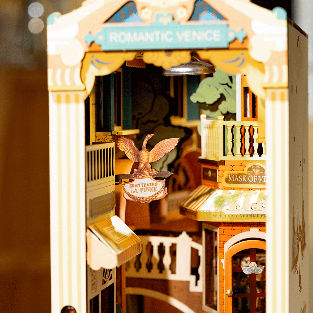 Rolife Romantic Venice Book Nook model kit TGB08 close up of sign