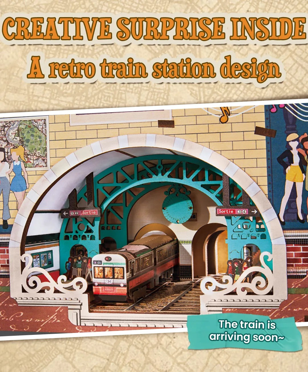 rolife book nook street scene Retro train station design with a train arriving, on a beige background with text 'Creative surprise inside'.