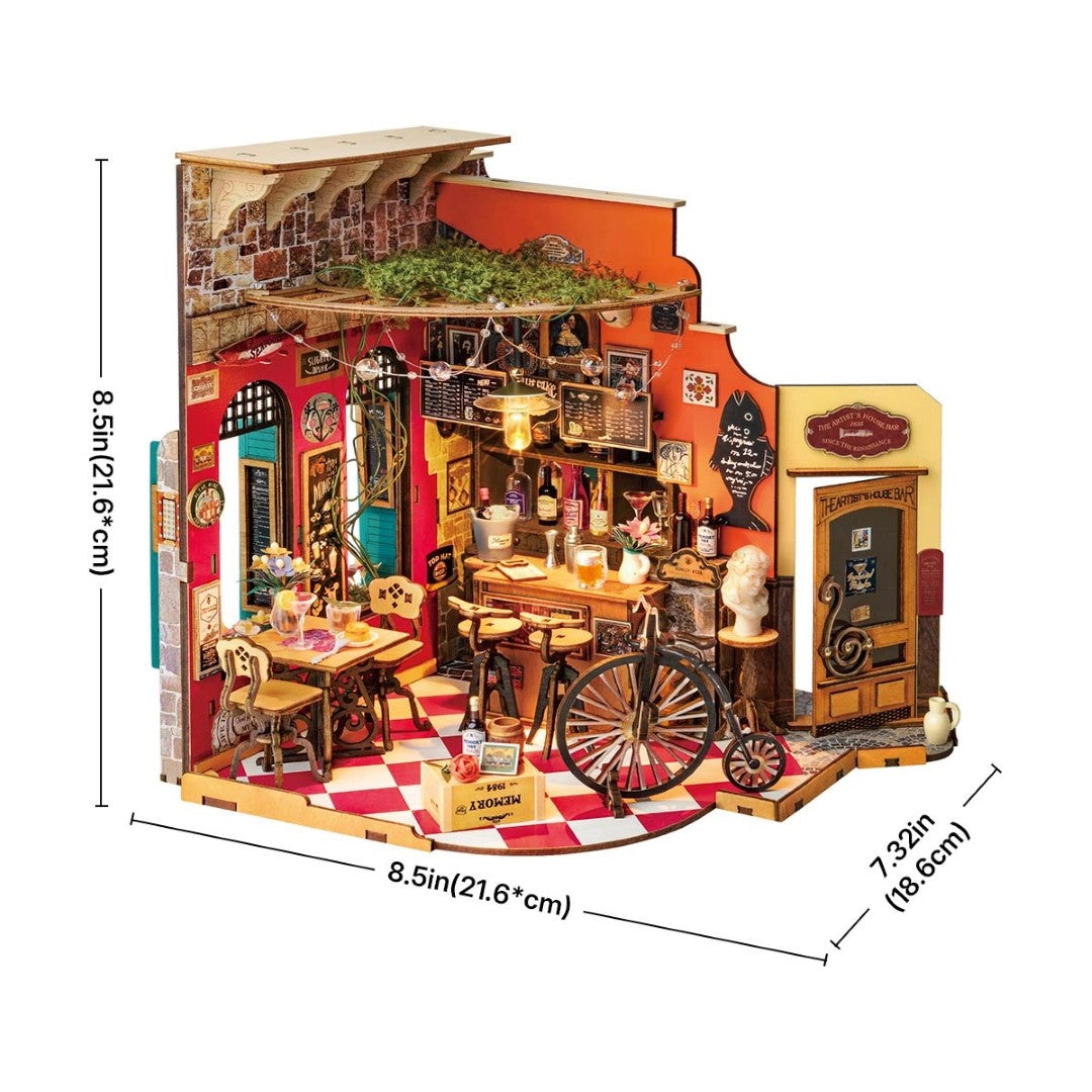 Detailed model of a miniature bar with furniture and decor, shown with dimensions on a white background.