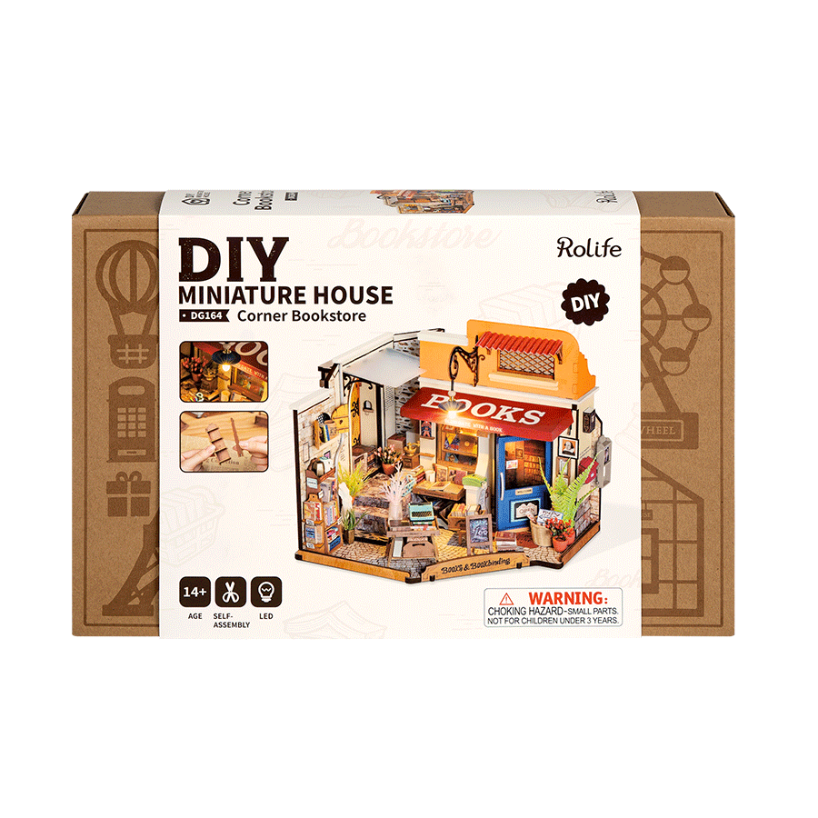 Rolife Corner Bookstore DIY Minature House Model Kit box front