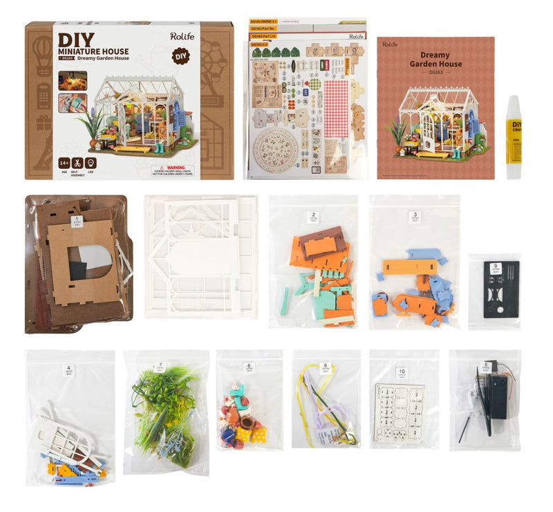 Rolife DIY Minature House Dreamy Garden House Model Kit DG163 contents