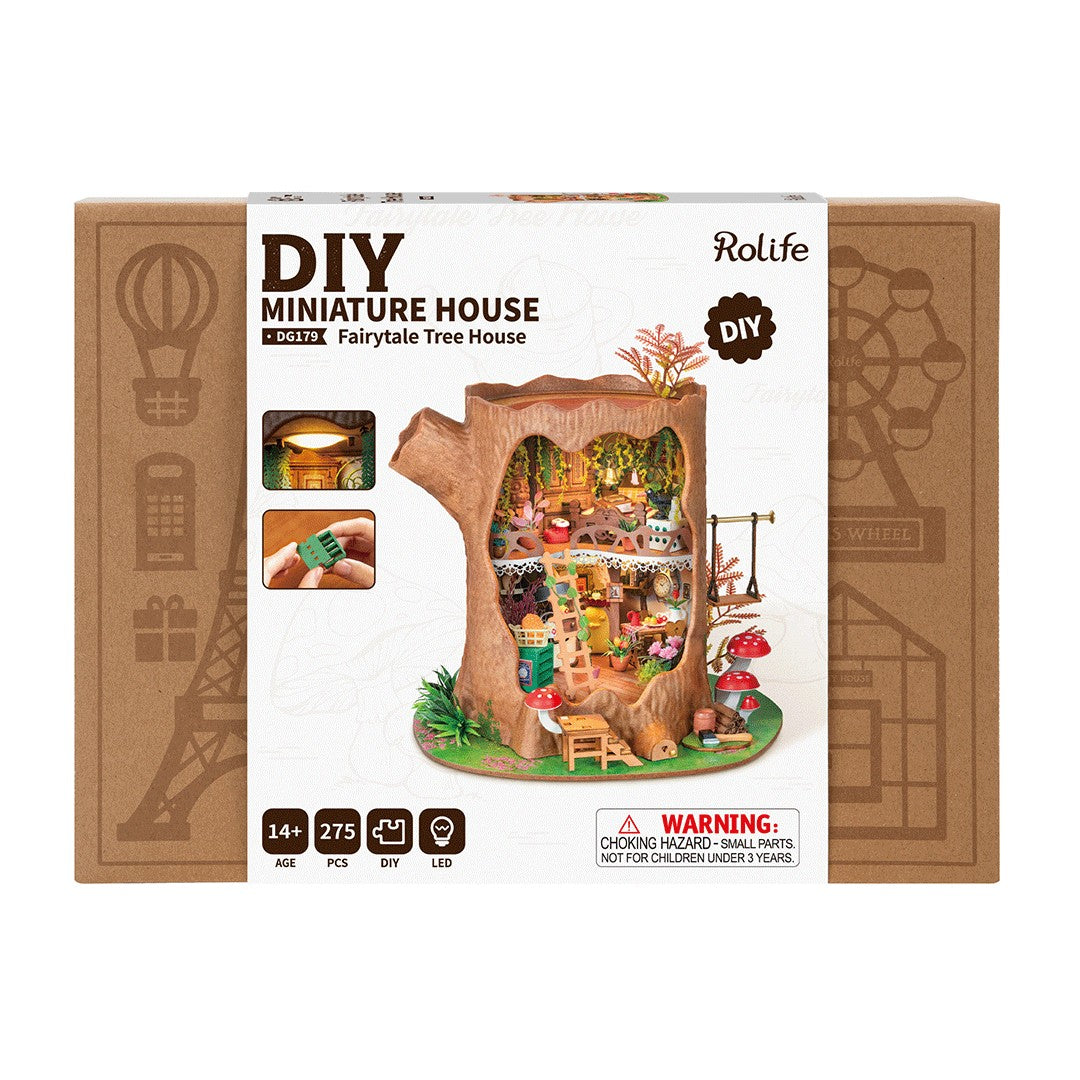 Rolife DIY miniature house kit packaging with treehouse model on a white background
