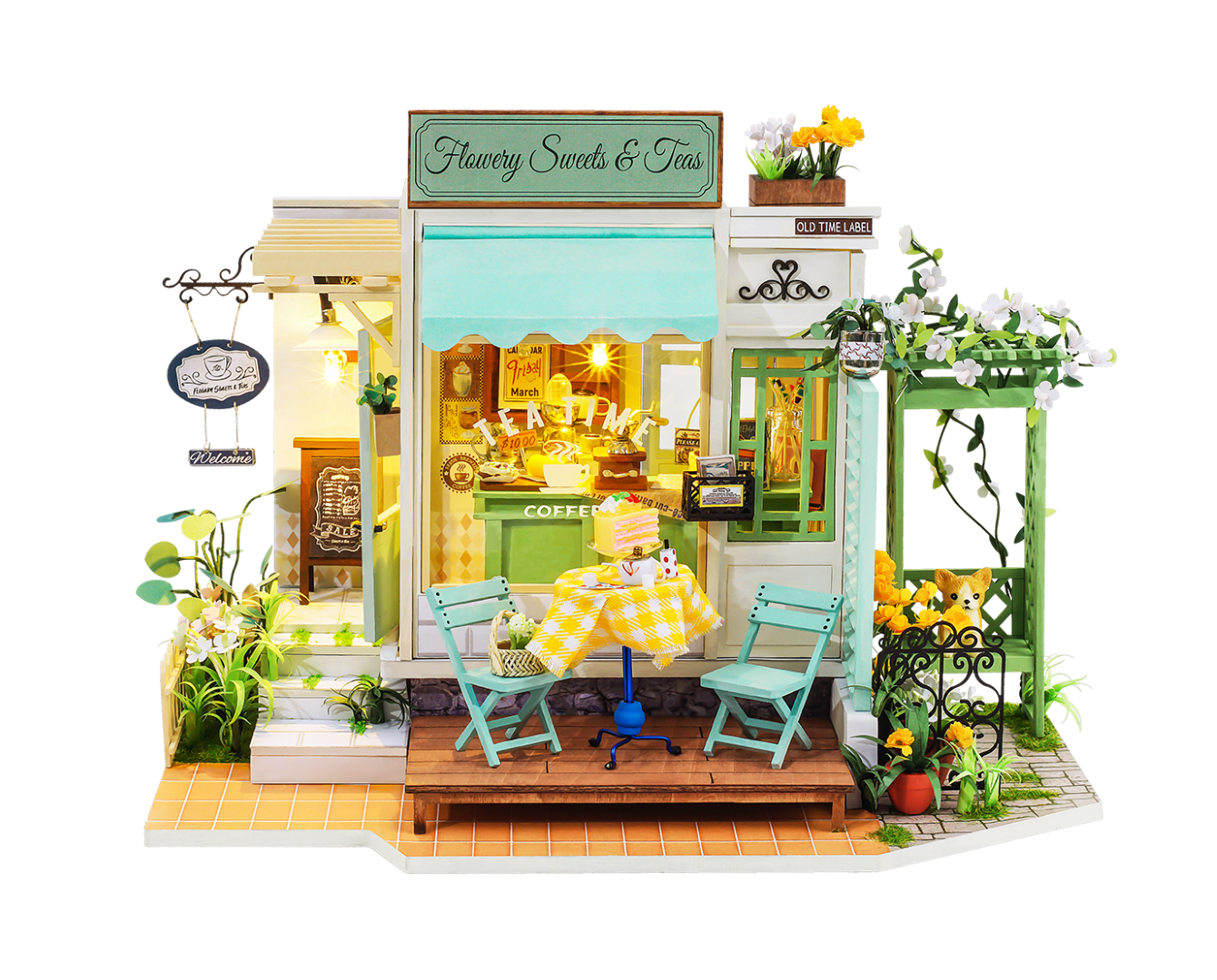 Rolife Flowery Sweets and Teas DIY Miniature House Wooden Model Kit DG146 front view