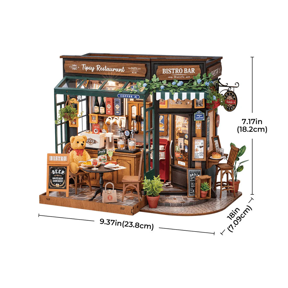 Rolife Tipsy restaurant DIY Miniature House Model Kit dimensions