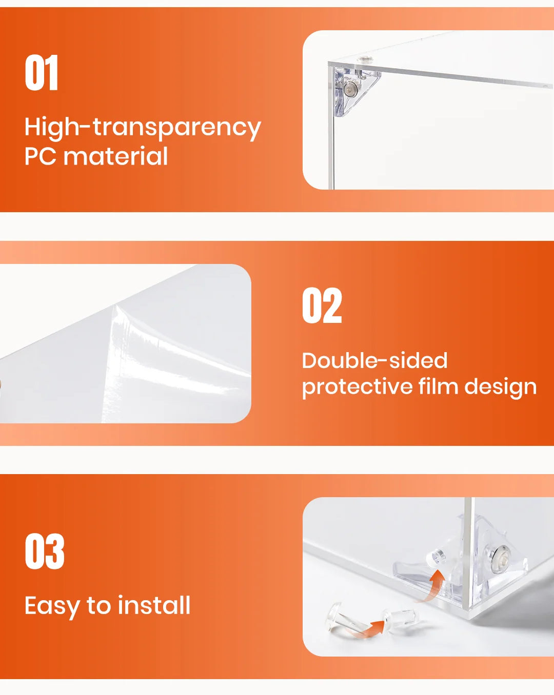 Product features with high-transparency PC material, double-sided protective film design, and easy installation on an orange background.