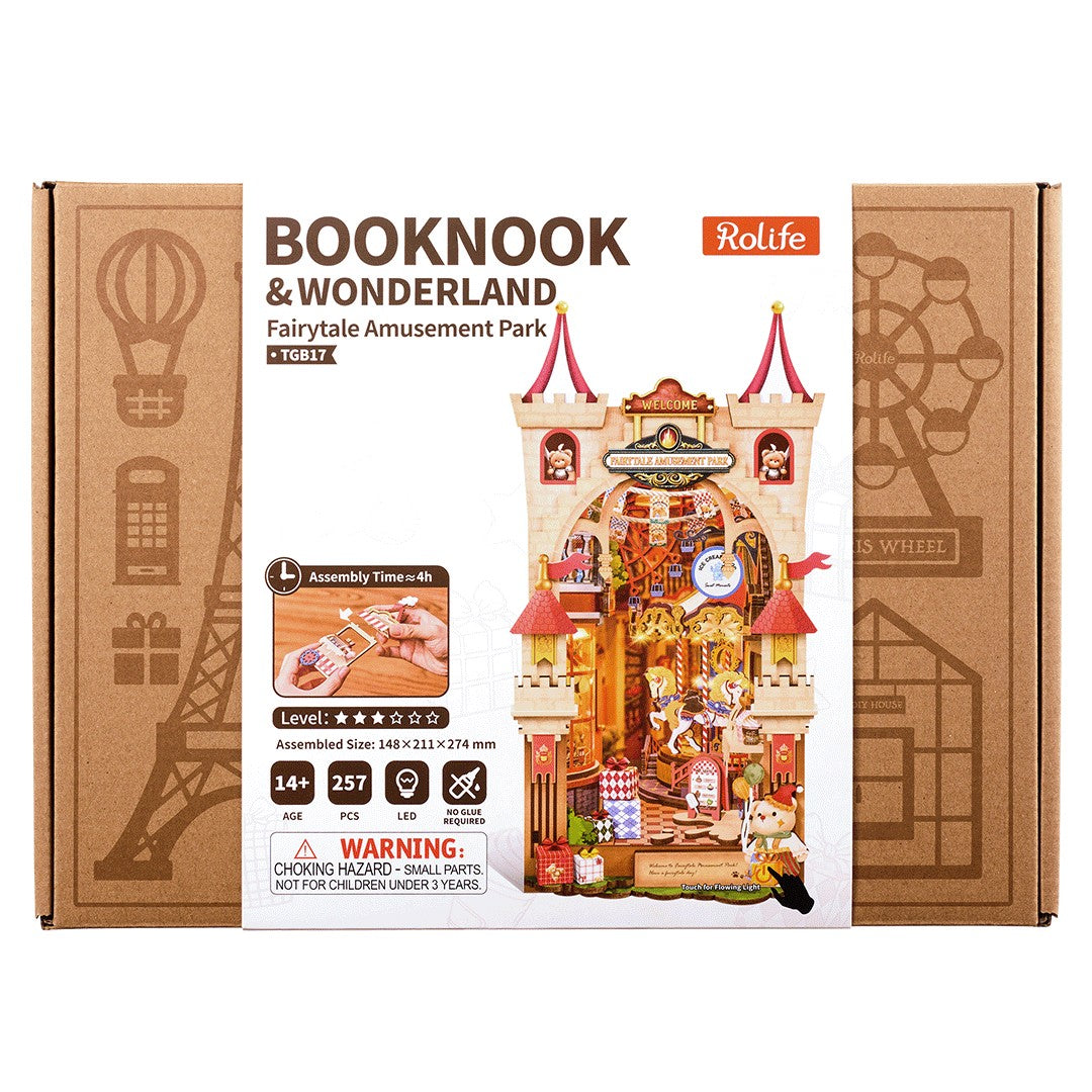 Rolife Booknook & Wonderland packaging with castle model and branding