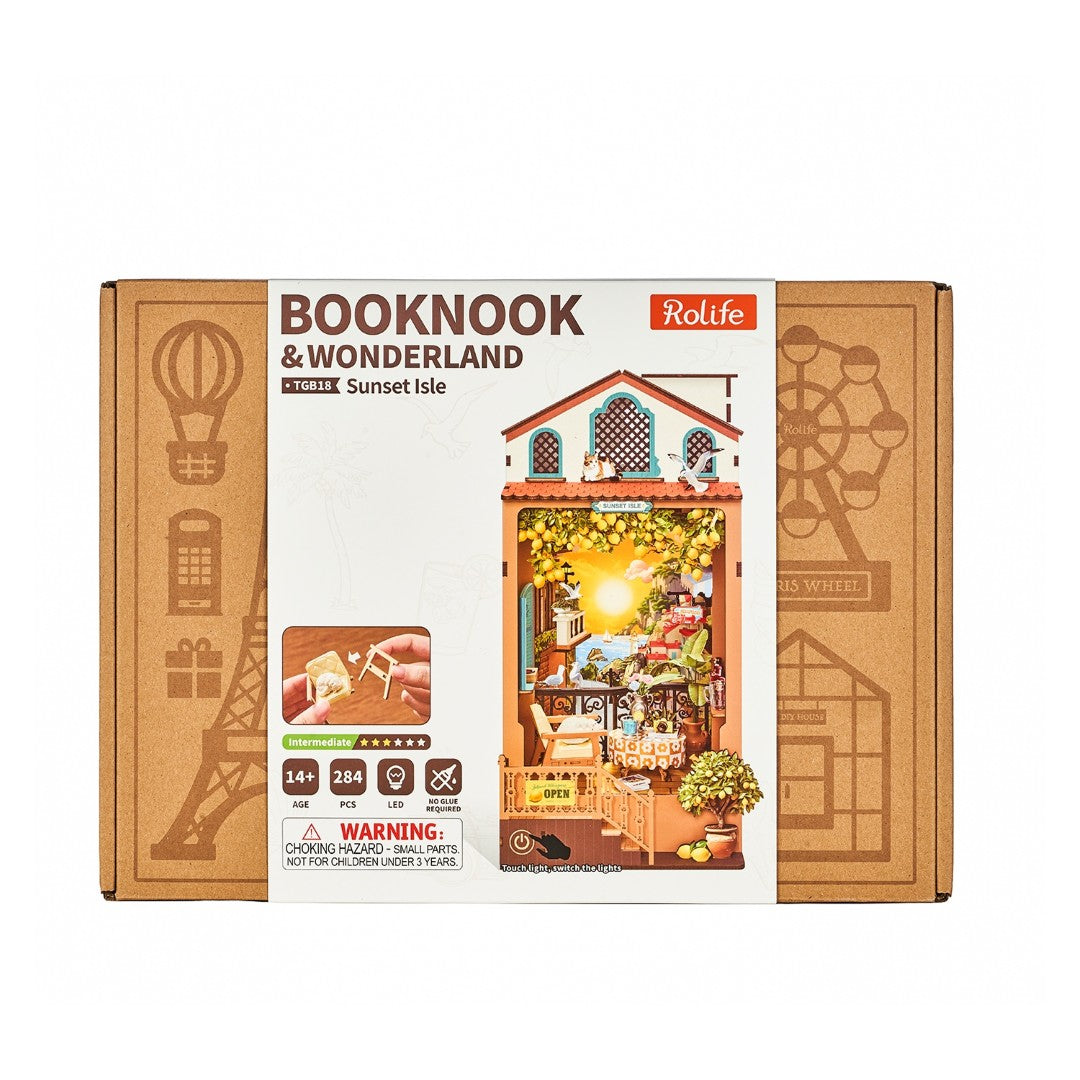 Rolife Booknook & Wonderland Wooden Sunset Isle kit in its original retail packaging, featuring a brown cardboard box with a white front panel and colorful product illustration.