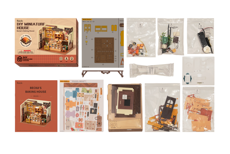 Rolife DIY Minature House Beckas Baking House Model Kit DG161 contents
