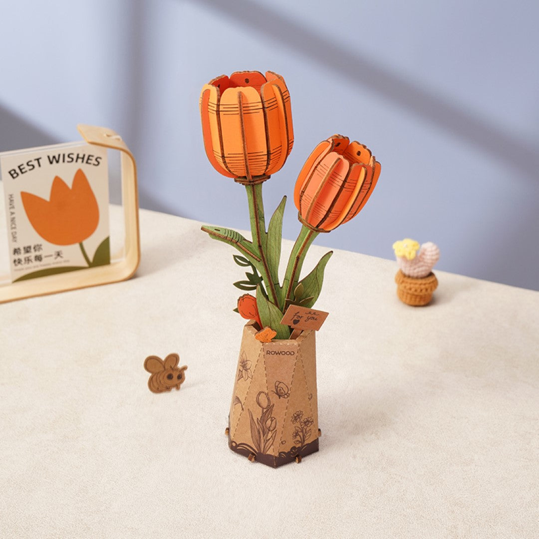 Rowood orange tulip flower wooden model kit