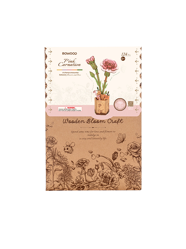 Robotime Rowood Pink Carnation Wooden Flower Craft Kit TW051 box
