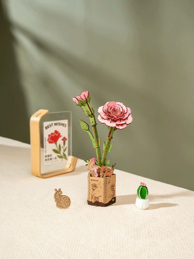 Robotime Rowood Pink Carnation Wooden Flower Craft Kit TW051 display