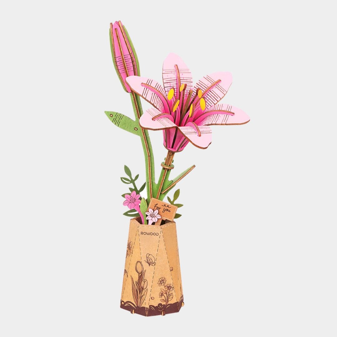 rowood pink lily flower wooden model kit built white background