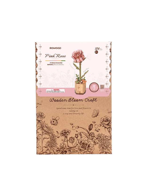 Robotime Rowood Pink Rose Wooden Flower Craft Kit TW041 box