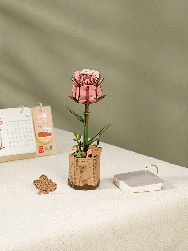 Robotime Rowood Pink Rose Wooden Flower Craft Kit TW041 display