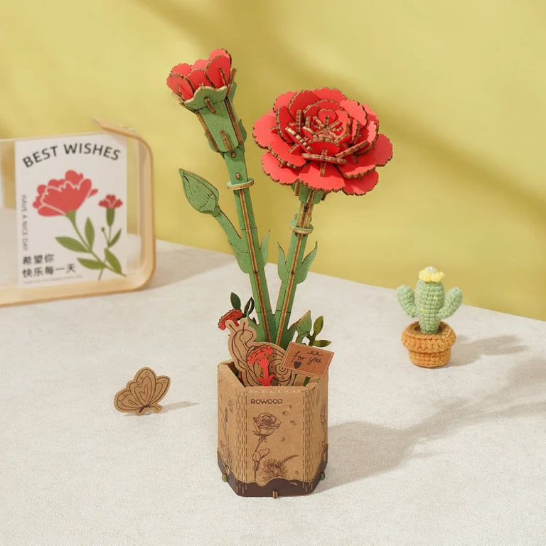 Rowood red carnation flower wooden model kit