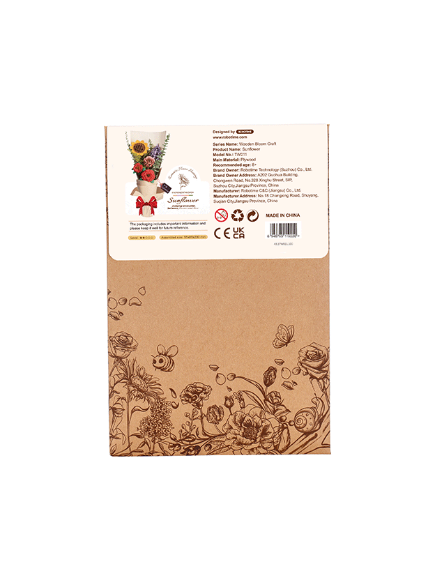 Robotime Rowood Sunflower Wooden Flower Craft Kit TW011 box back