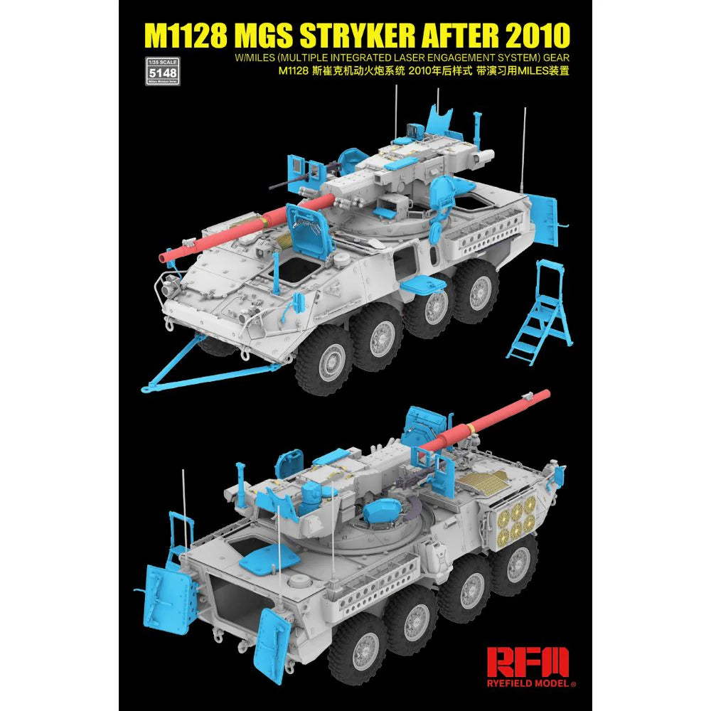 Model kit of M1128 MGS Stryker after 2010 with blue and red details on a black background.