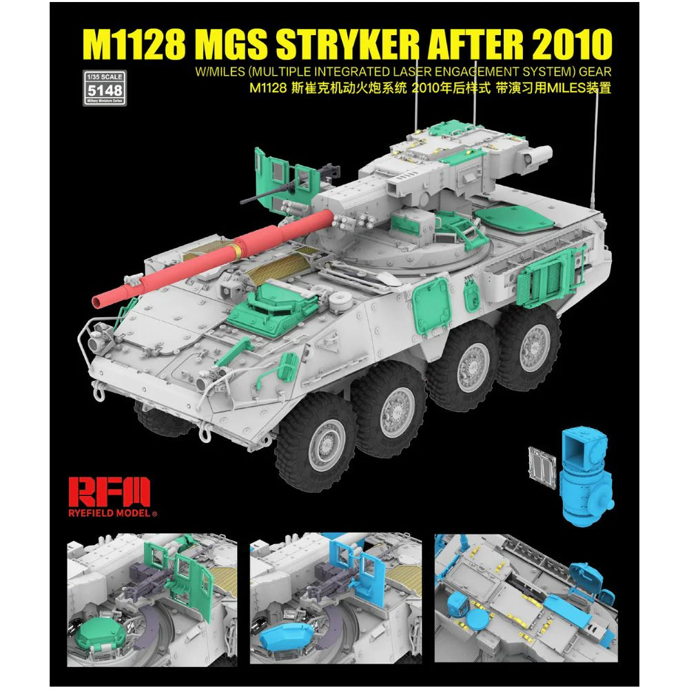 Model tank kit with detailed parts on a black background, featuring text about M1128 MGS Stryker.
