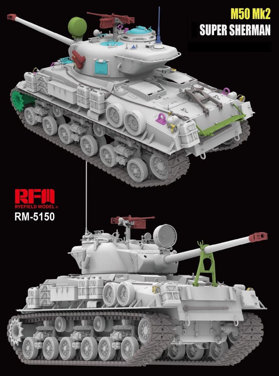 Two model tanks labeled 'Super Sherman' with 'RFM' branding on a black background.