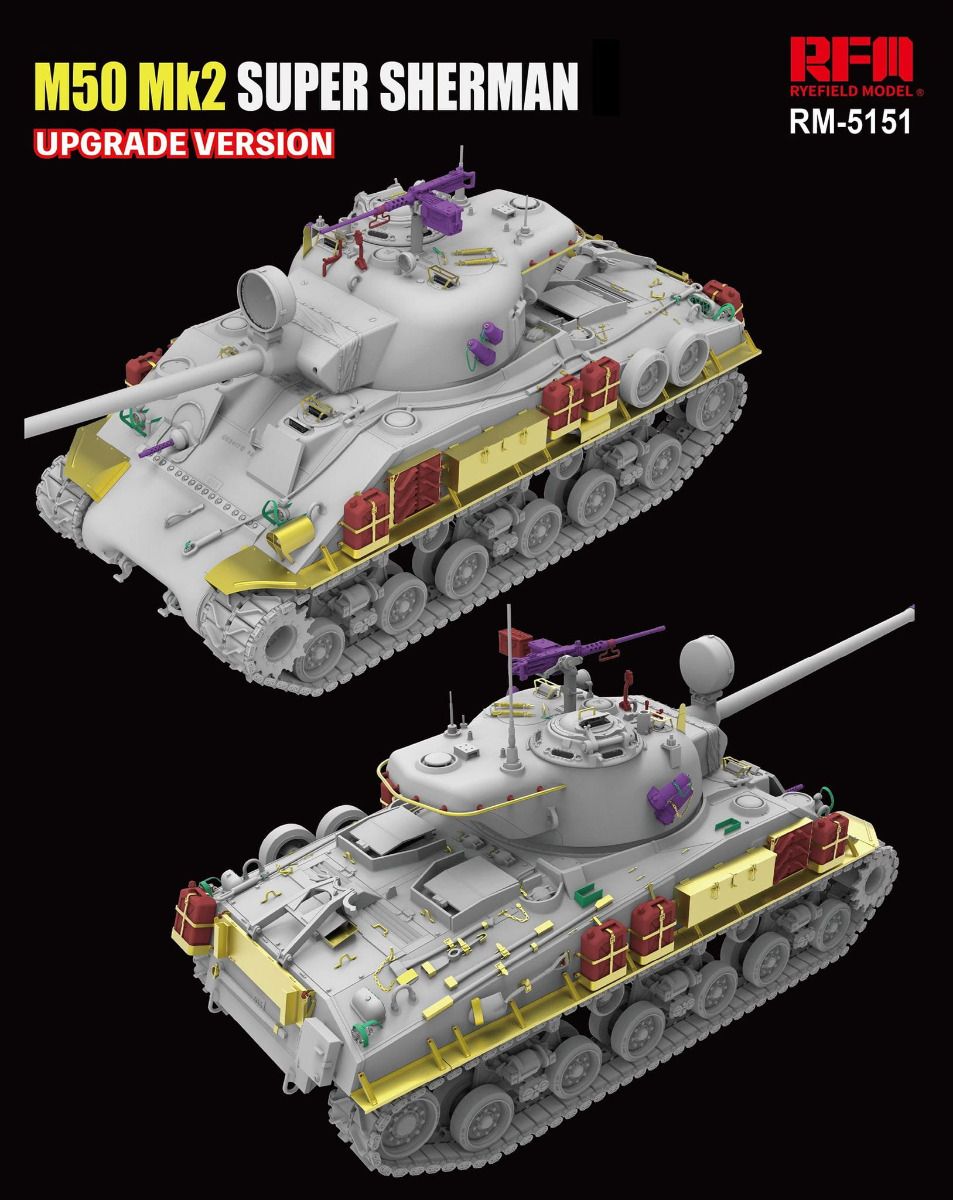 Model of M50 Mk2 Super Sherman tank with upgrade version label on a black background