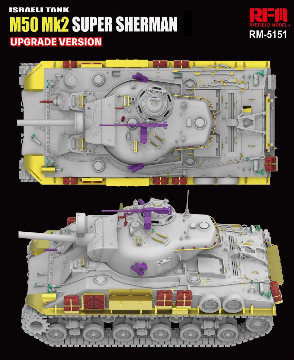 Model kit of an Israeli tank M50 MK2 Super Sherman with color-coded parts on a black background.