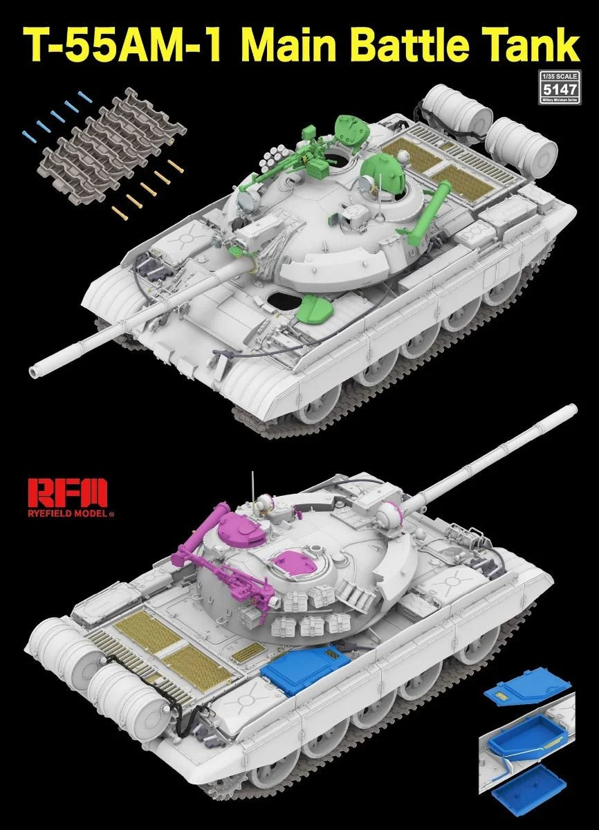 Model kit of T-55AM-1 Main Battle Tank with additional parts on a black background