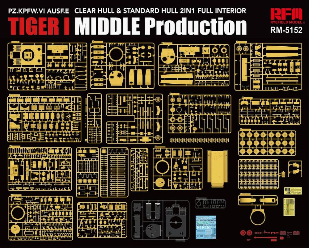 Model kit packaging for Tiger I Middle Production with gold parts on a black background