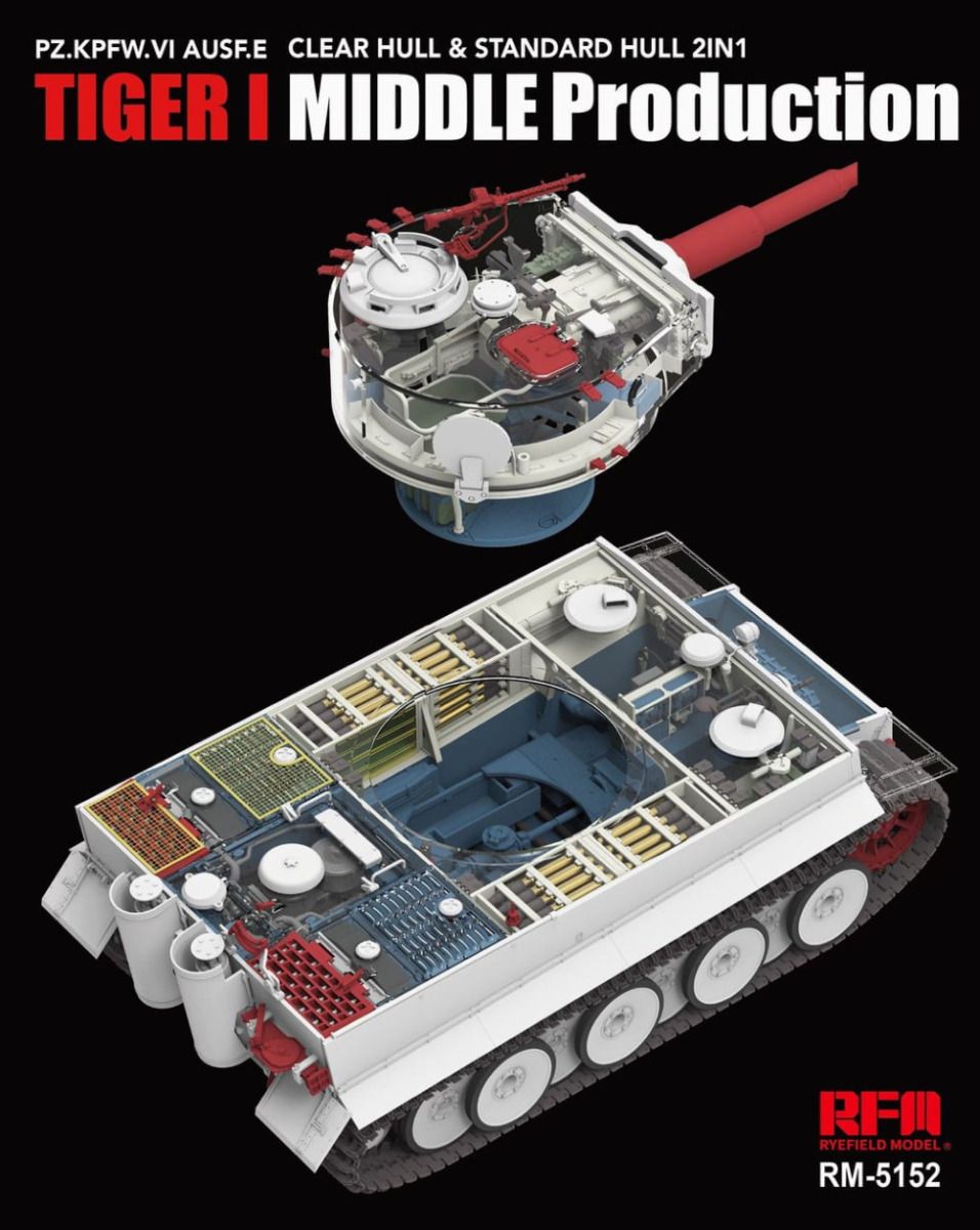 Model kit of a tank with clear hull and standard hull 2-in-1 design on a black background.