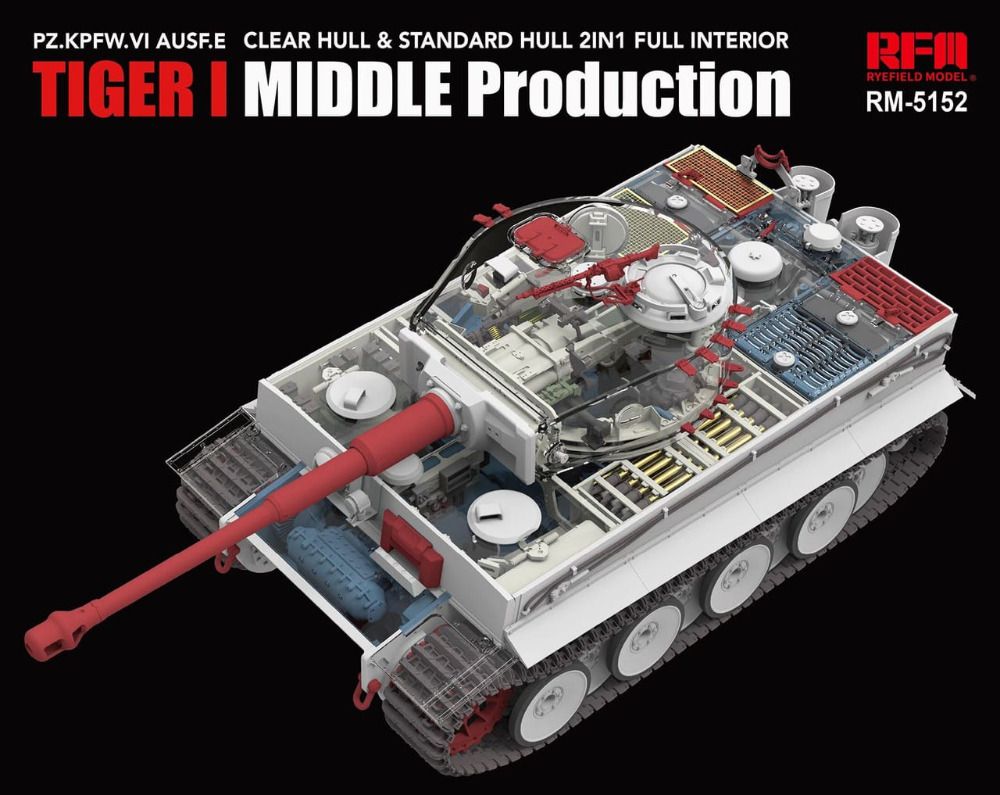 Model tank with clear hull and standard hull 2in1 full interior on a black background, featuring the brand 'RFM'.